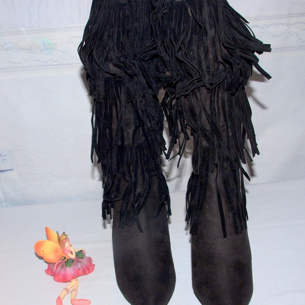 Alba Fringe Knee High Boots Boho Black 6.5M Super Fashionable Heeled Boots - Picture 6 of 6
